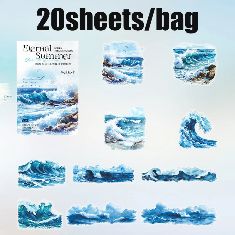 20 Sheets Summer Theme Stickers for Scrapbooking DIY Journal Planner Collage Art Phone Case Decoration Craft Supplies Qme 1