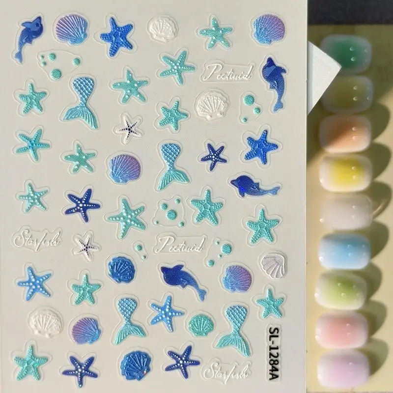 3D Ocean Themed Nail Art Stickers Embossed Starfish Pattern Self Qme A2