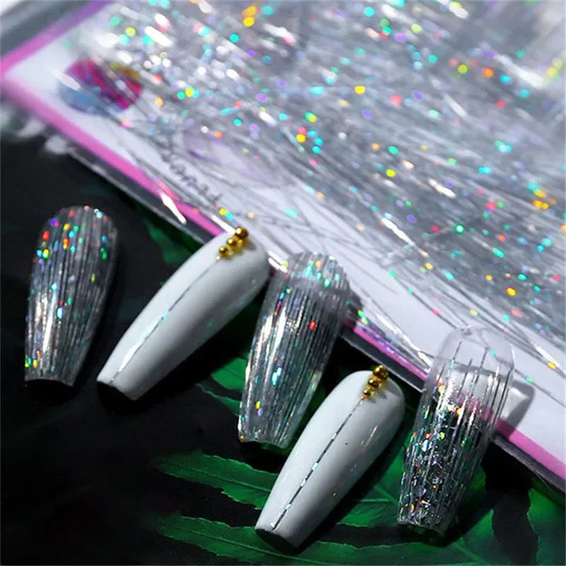 1 Bag Fluorescent Thread Nail Sticker Laser Glitter Mesh Net Line Tape Decals Holographic 3D Silk Foils Nail Art Decorations Qme