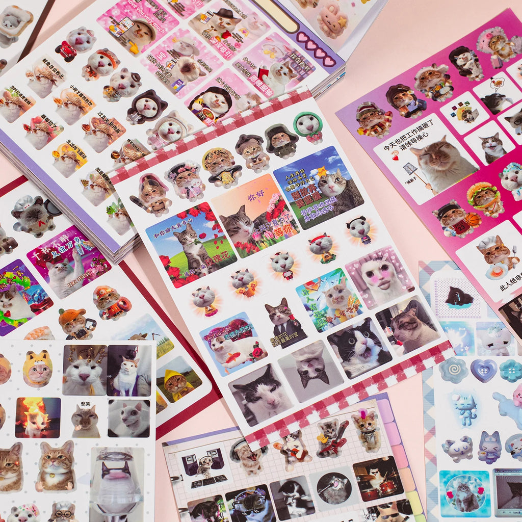 Cat Daily Meme Sticker Book, Funny Kitten Head & Food Themed Stickers for Journal Collage Qme