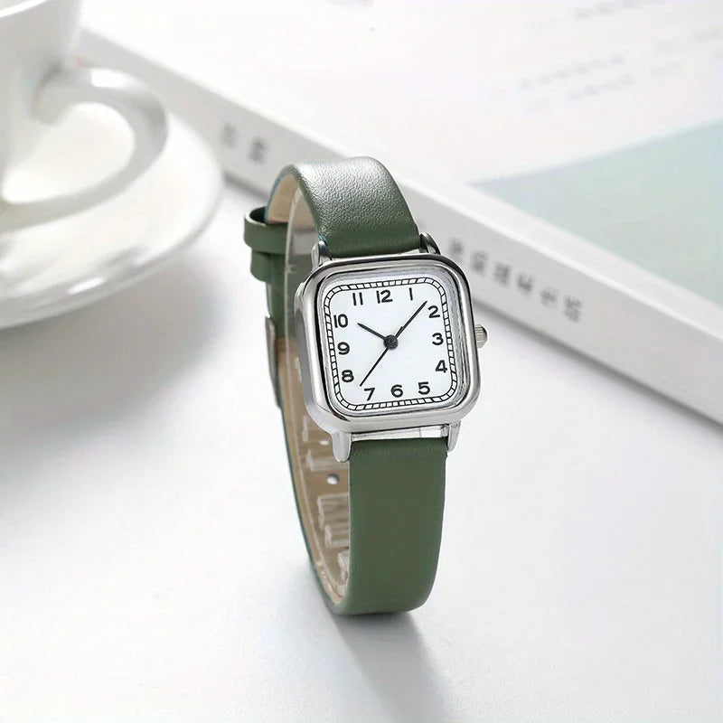Casual Square Pointer Quartz Watch Analog PU Leather Wristwatch For Women Girls Students Qme green No