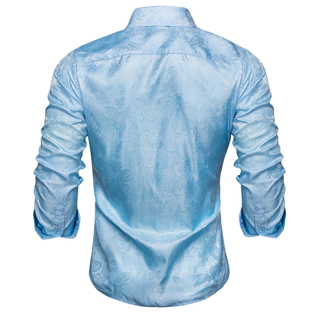 Hi-Tie Jacquard Paisley Light Blue Mens Shirt Long Sleeve Lapel Shirt Blouse Outerwear Wedding Office Breathable Quality Qme