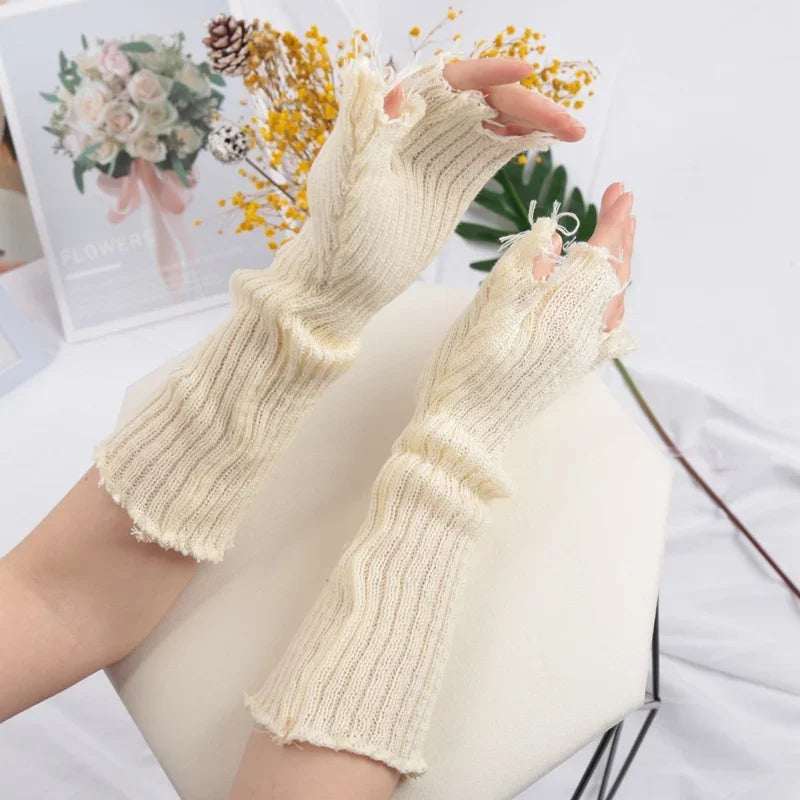 1Pair Punk Broken Unisex Gloves Knitted Ripped Oversleeves Warm Arm Qme