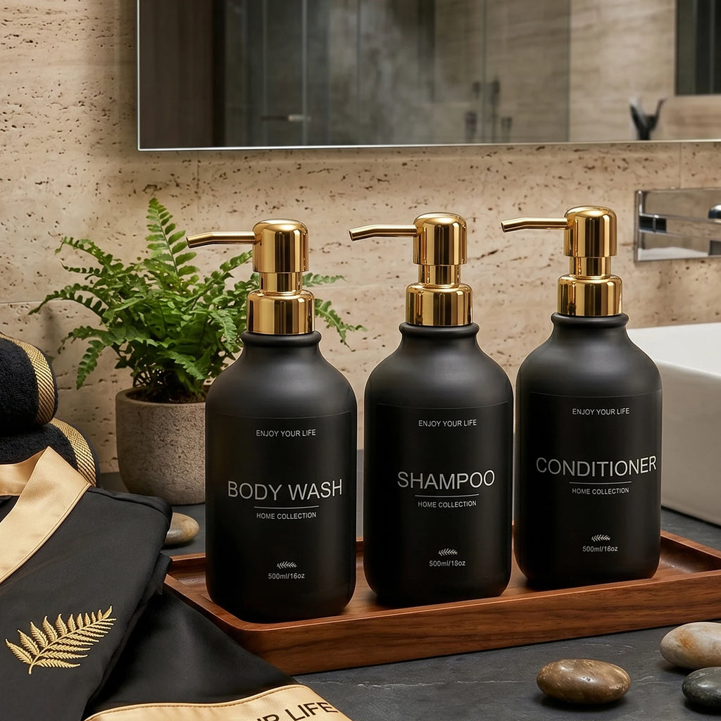 Matte Black Shower Dispenser Bottles Plastic Shampoo Conditioner Body Wash Pump Bottles with Gold for Bathroom Vanity Shower Qme