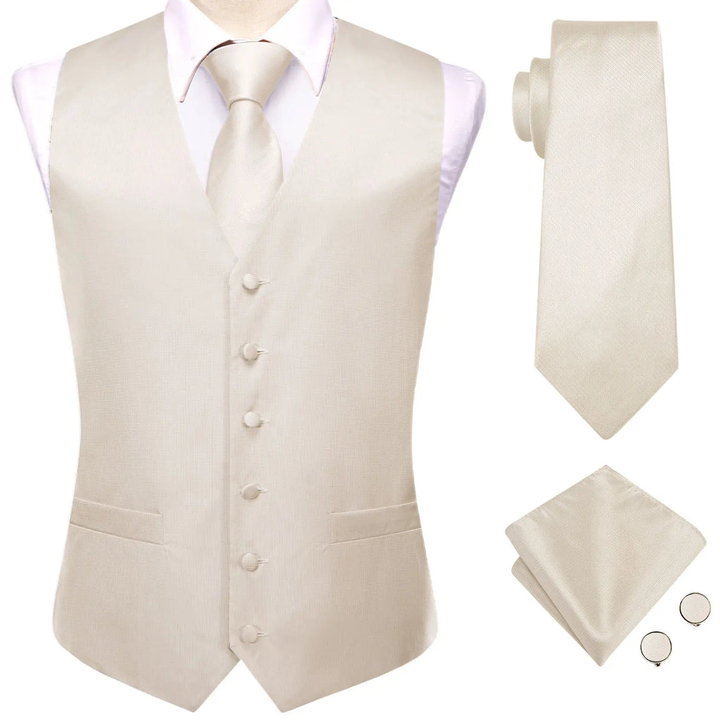 Mens Beige Suit Vest Tie Hanky Cufflinks Set Paisley Plain Waistcoat Sleeveless Jacket Necktie for Male Wedding Busniess Qme
