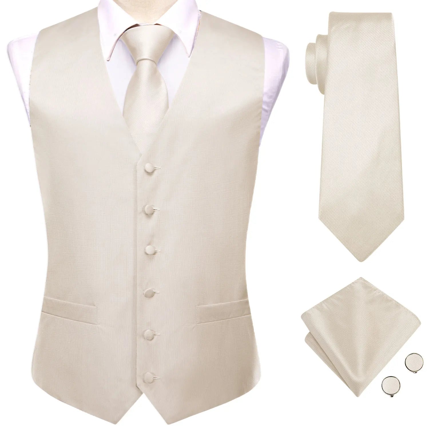 Mens Beige Suit Vest Tie Hanky Cufflinks Set Paisley Plain Waistcoat Sleeveless Jacket Necktie for Male Wedding Busniess Qme