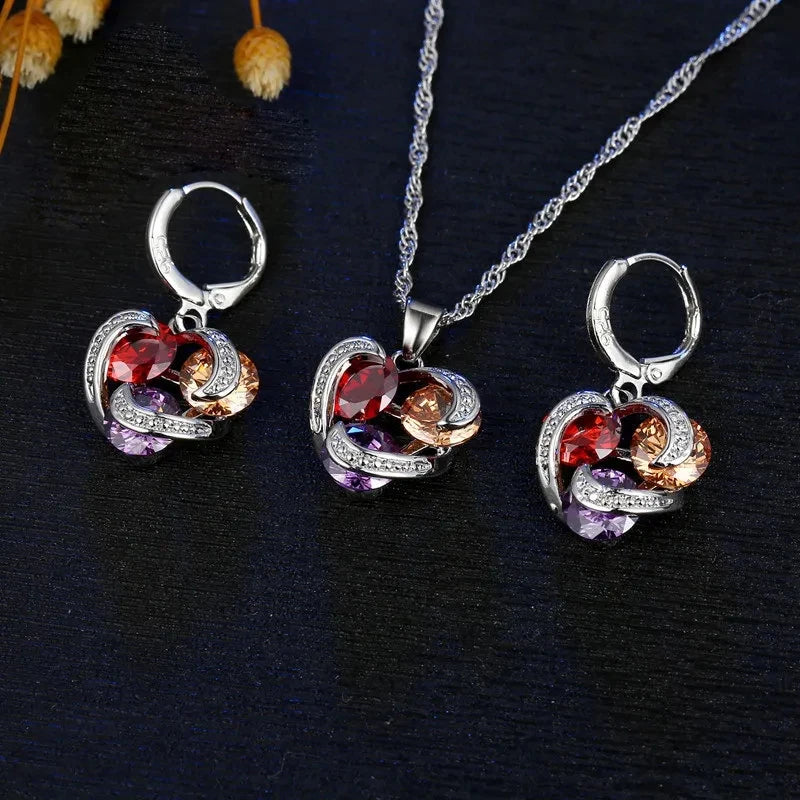 925 Sterling Silver Color Fashion Jewelry Set for Women Girl Pendent Necklace Hoop Earrings CZ Zircon Anniversary Party Gift Qme