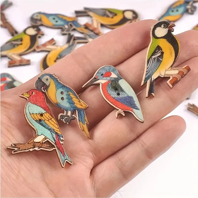 Vintage Bird-Shaped Wooden Buttons, Printed Wood Decorative Buttons For DIY Crafts Qme