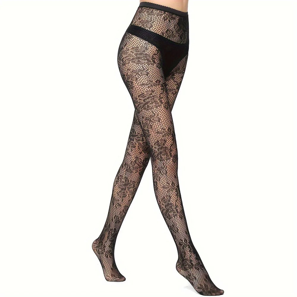 Women's patterned fishing net leggings, high waisted pantyhose, floral stockings Qme 1pc One Size