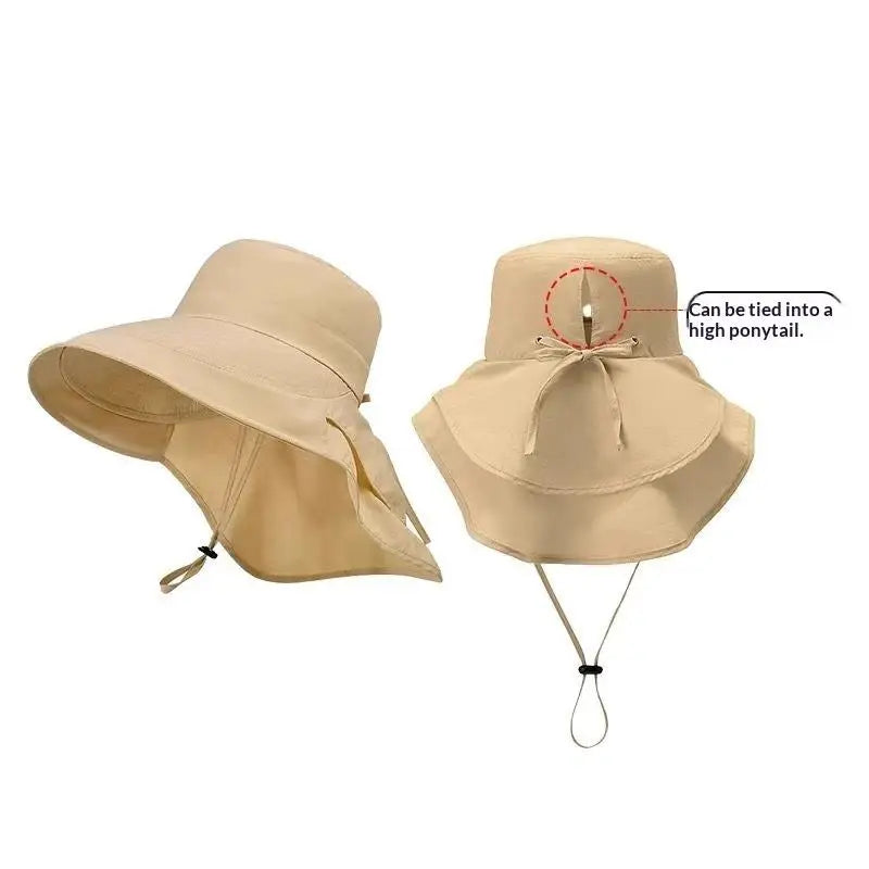 Solid Wide Brim Sun Hat Korean Neck Cover Protection Adjustable Women Qme 1 Khaki One Size