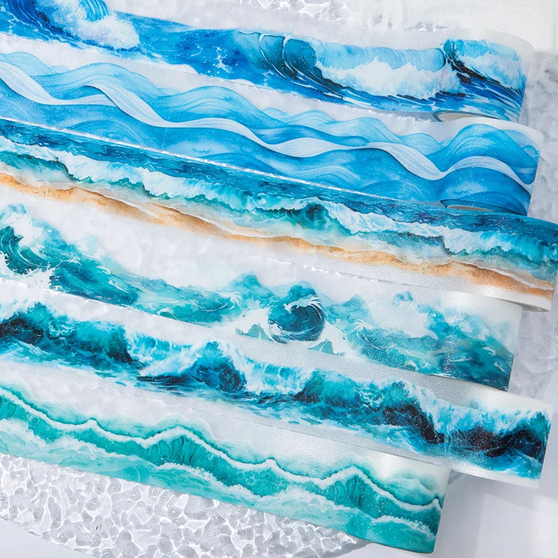 40mm*2m Ocean Wave Theme PET Tape INS Masking Adhesive Creative Decor Scrapbook supplies DIY Planner office stationery Stickers Qme