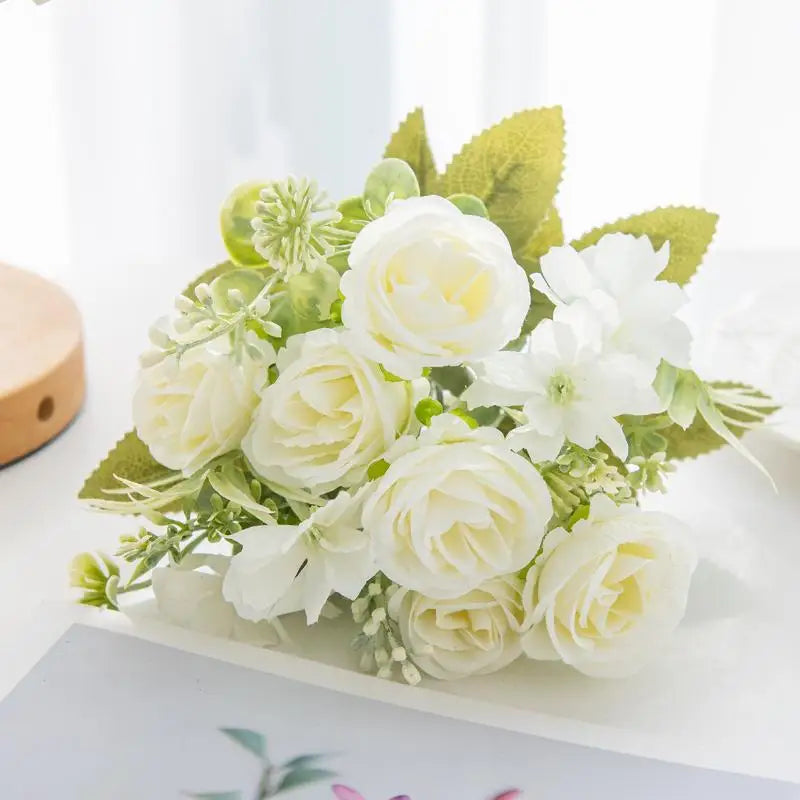 Artificial 1PC Flowers Wedding Home Bedroom Decoration Bridal Bouquet Garden Fake Silk Roses Hydrangeas Vase For Board Outdoors Qme style 1