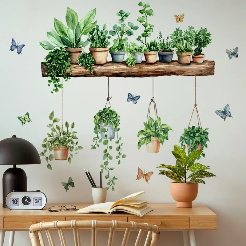 3D Potted Green Plant Shelf Wall Decals Botanical Tropical Succulent Qme