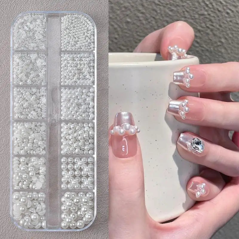 12 Grids Half Round Pearls Bead 3D Nail Charms 1 5 2 3 4 White Qme