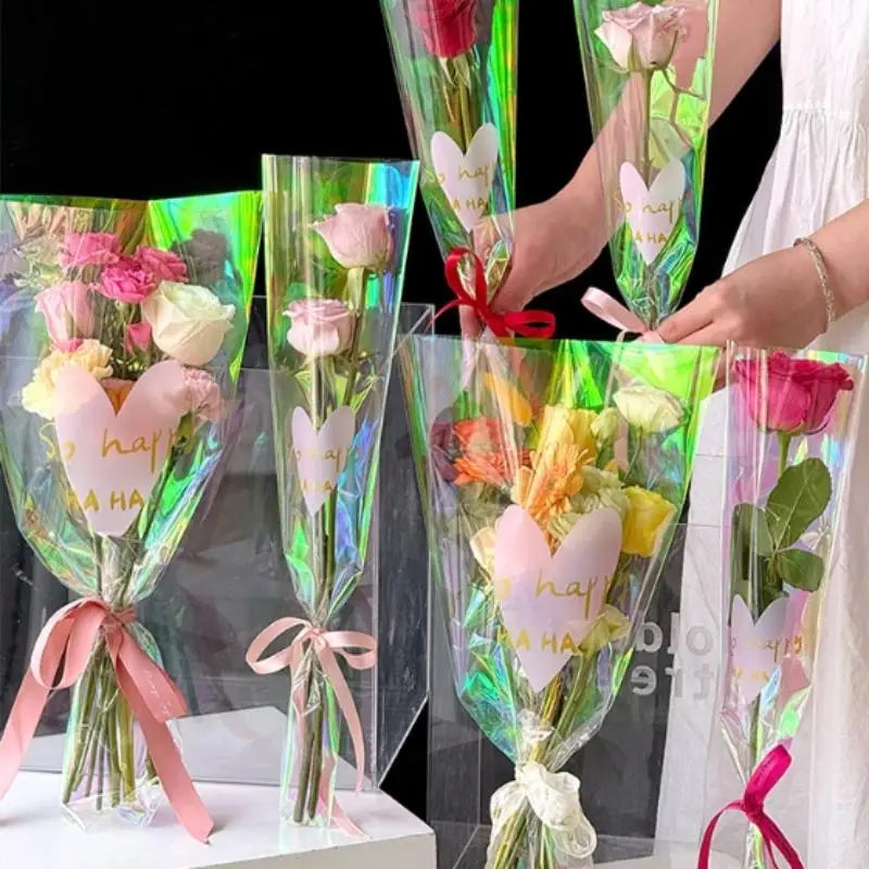 30Pcs Colorful Transparent Flower Packaging Bag Waterproof Laser Love Bouquet Packaging Paper Straight Bag Bouquet Packaging Qme
