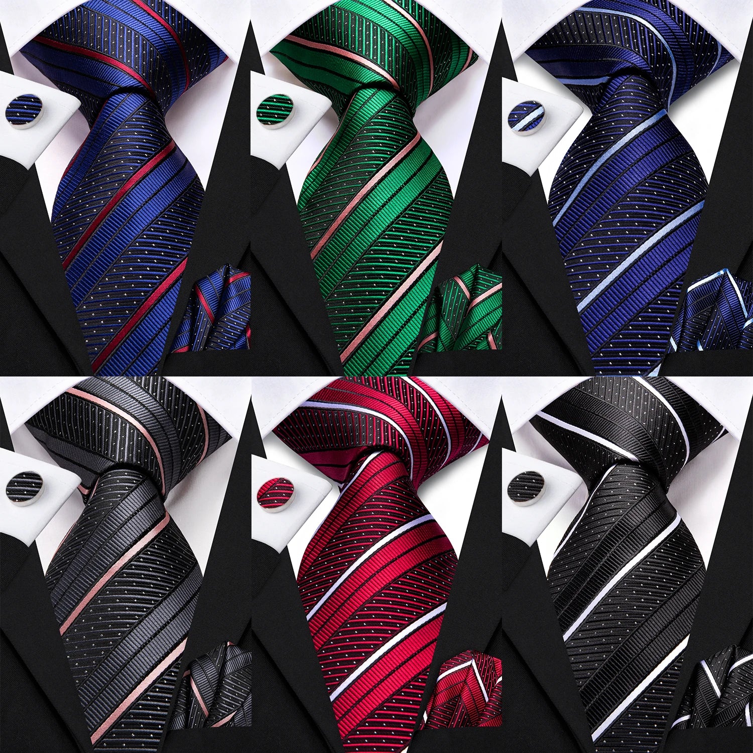 Hi-tie Red Black Blue Striped Designer Men Elegant Necktie Hanky Qme