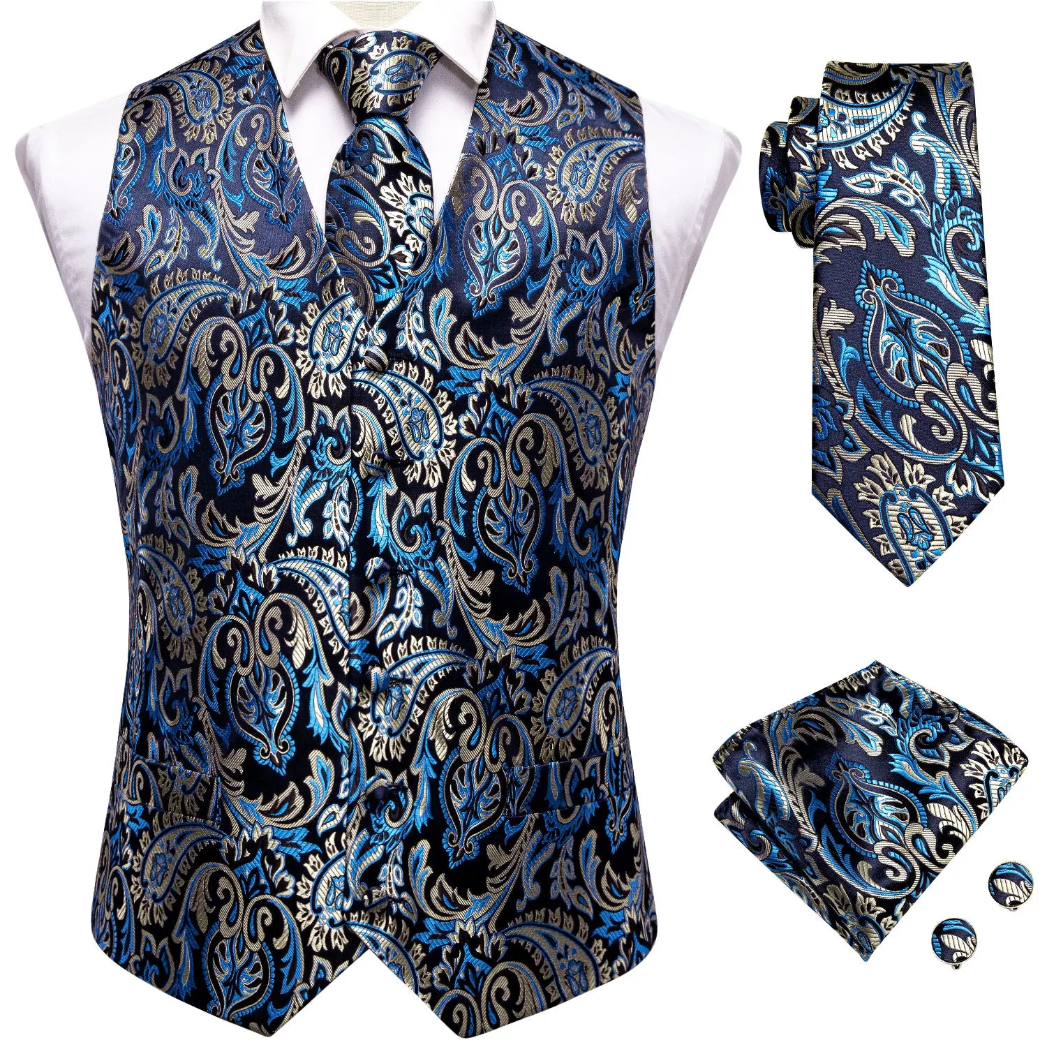 Hi-tie Black Men Vest Paisley Jacquard Necktie Hankerchief Cufflinks Qme MJ-0043 L
