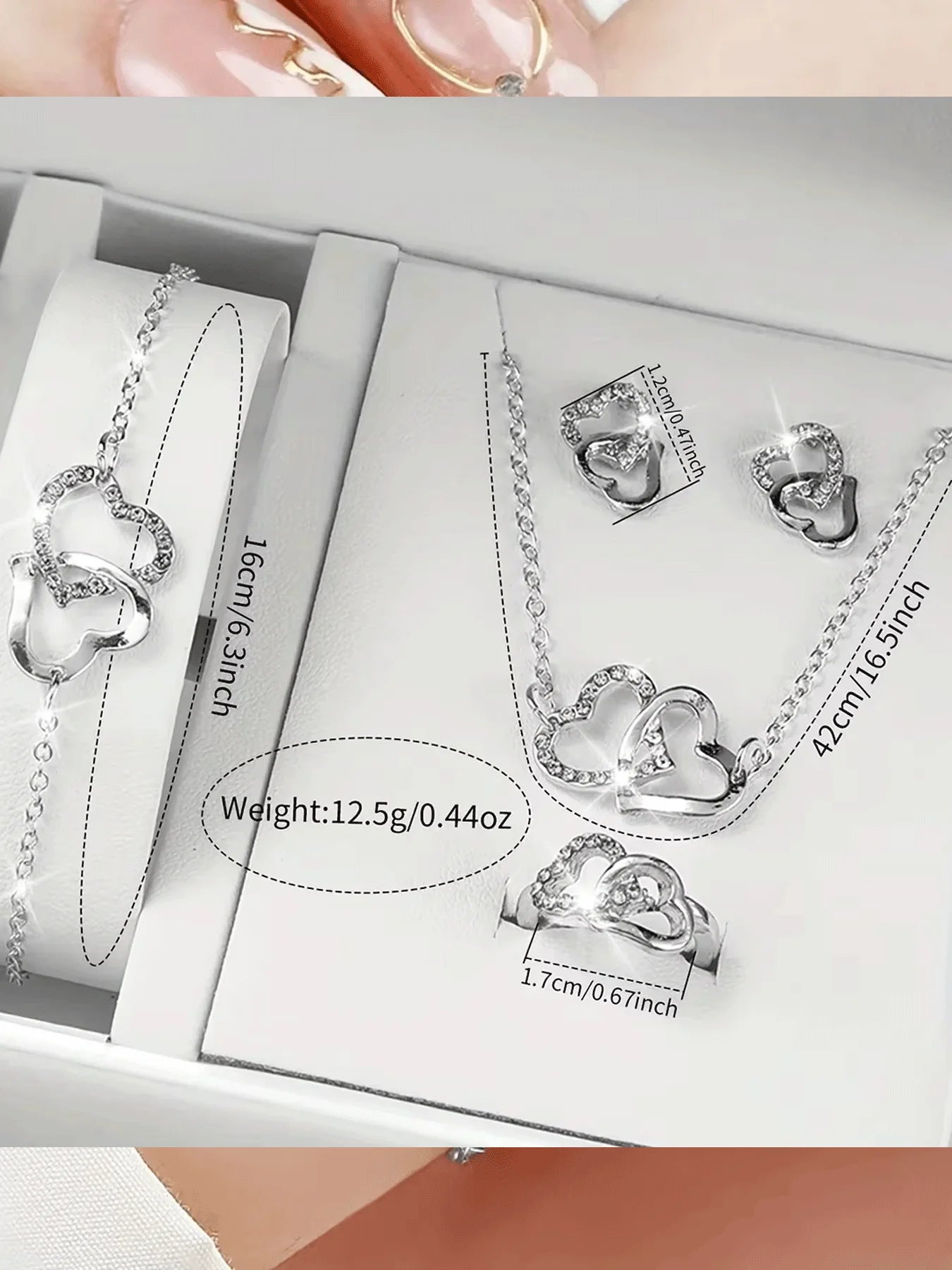 5Pcs Women Heart Diamond Jewelry Set, White Leather Quartz Watch + Necklace Earrings Bracelet Ring Gift Kit Qme