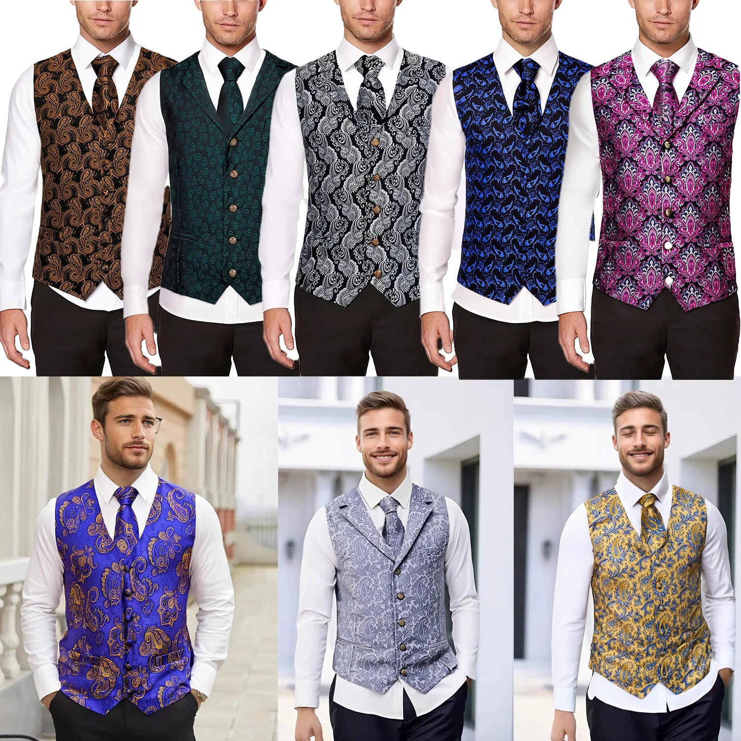 Men's Formal Suit Vest & Tie Set Paisley Floral Style, Premium Waistcoat and Necktie Combo for Weddings, Business Occasions Qme