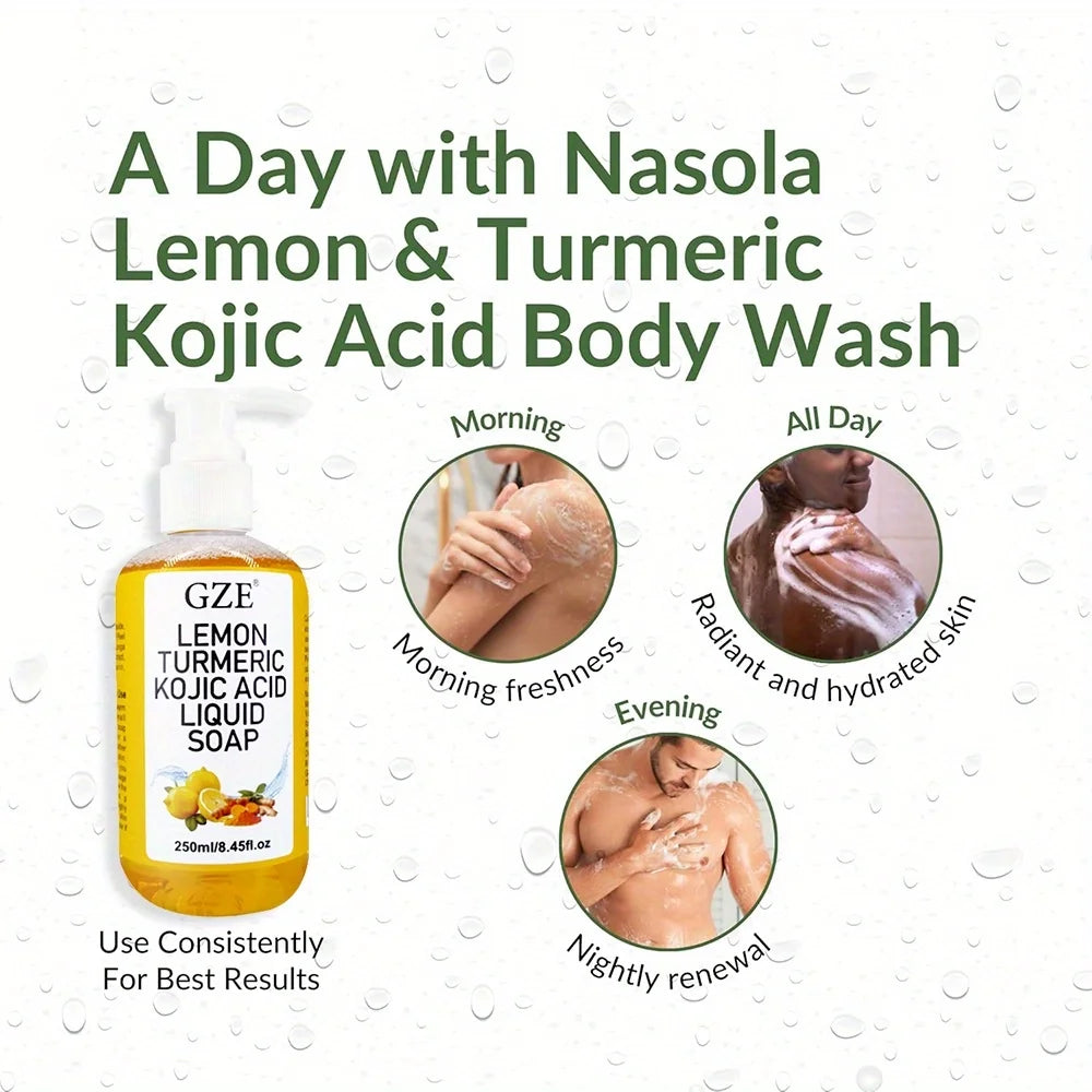 GZE Glow Lemon Turmeric Kojic Acid Liquid Soap - Gentle Exfoliating, Brightening, and Nourishing Skin Cleanser with Turmeric Qme