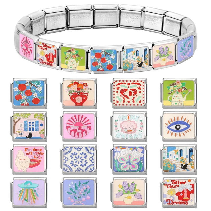 2026 Y2K Colorful Pattern Art Street Cats Vase Flower Italian Charm Links Fit 9mm Stainless Steel Bracelet Women Men DIY Making Qme