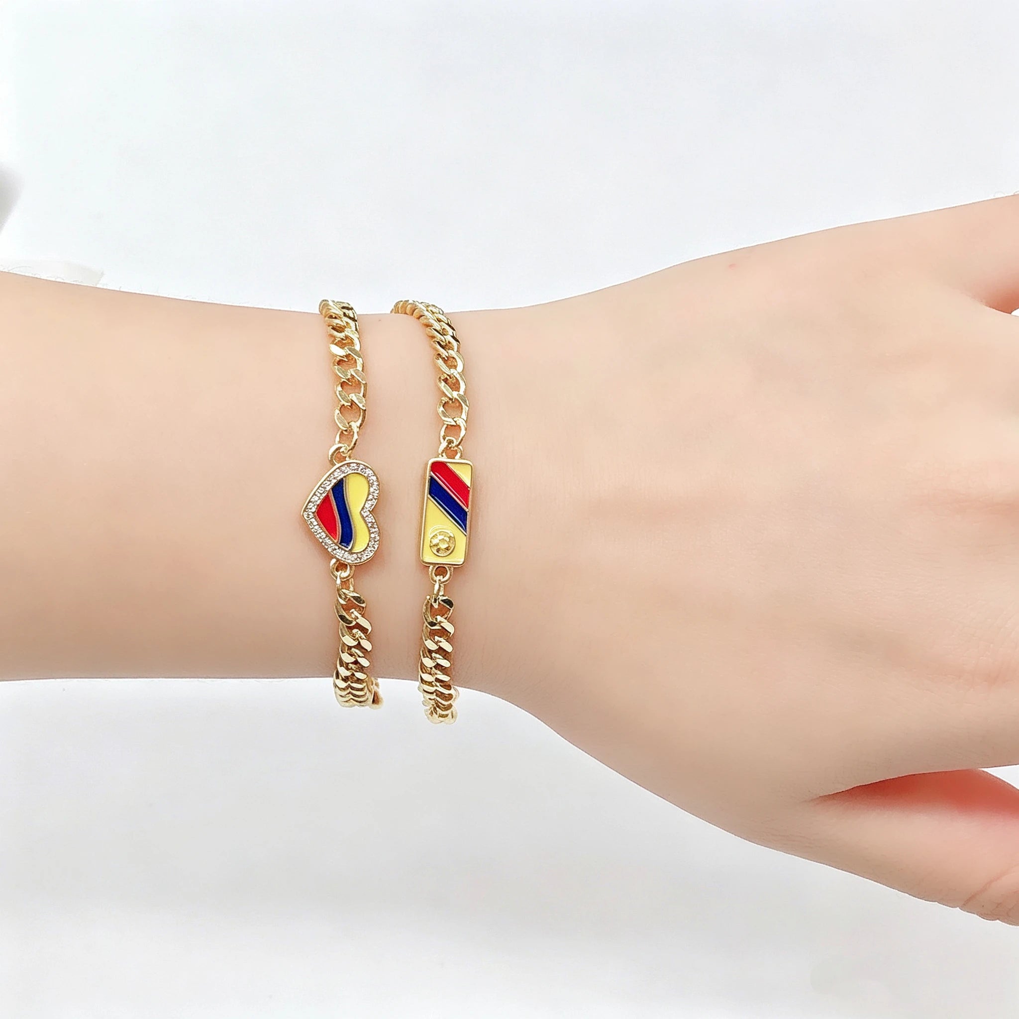 Classic Enamel Art Gold Plated Venezuela Colombia Flag Cuban Chain Bracelet for Men Women Holiday Anniversary Jewelry Fine Gift Qme