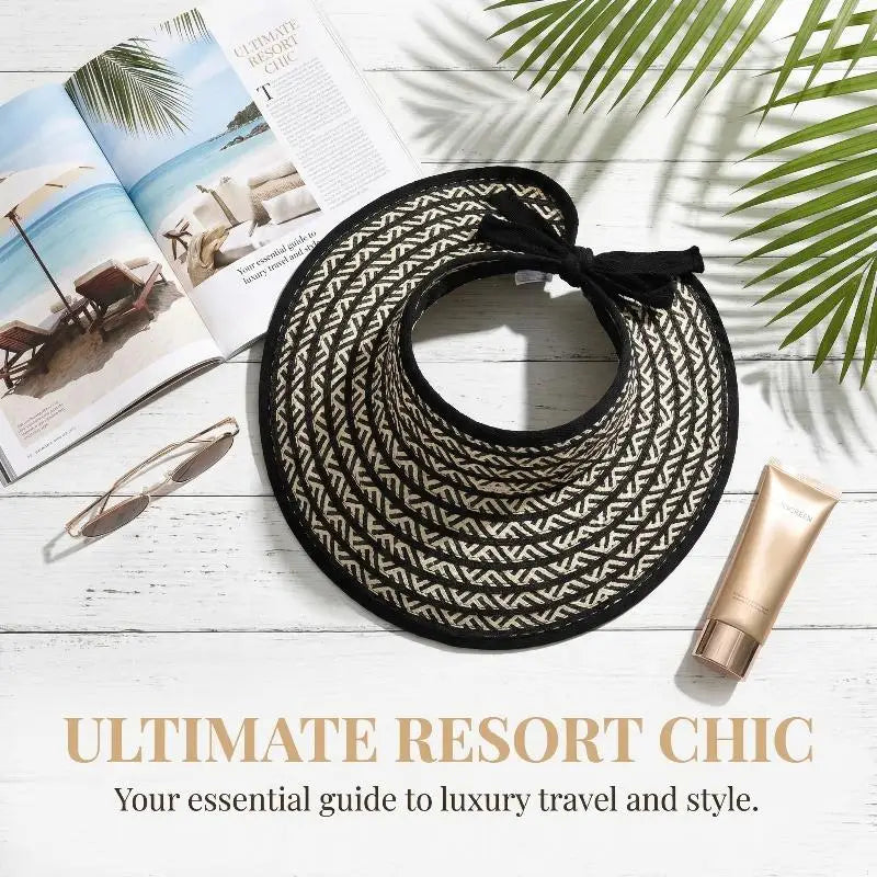 Straw Sun Visor Cap Women Large Brim Collapsible Summer Hat Qme