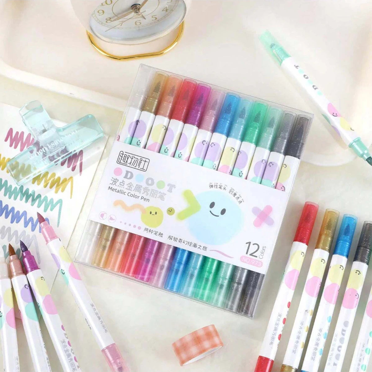 12 Colors Kawaii Double Tips Wave Dot Metallic Marker Highlighter Pens DIY Scrapbook Painting Stationery School Office Supplies Qme 12 colors