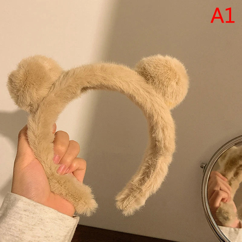 Girls Cute Plush Bear Rabbit Ears Headband Autumn Winter Head Hoop Qme Khaki