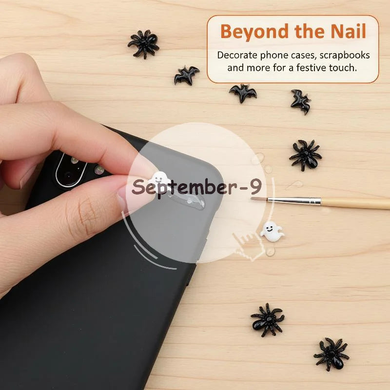 Halloween Nail Art Decorations Black Bat Spider Design Autumn Charms Qme