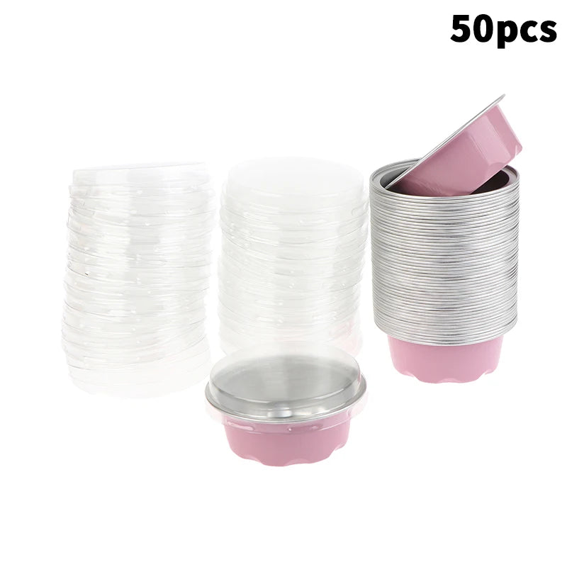 Round Baking Cups Aluminum Foil Wih Lids Reusable Cupcake Desserts Qme 50Pcs Pink