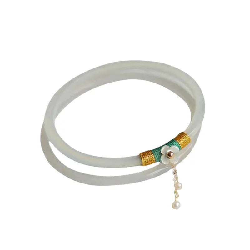 2Pcs/Set Natural Jade Jingle Bangles Retro Fairy Bell Glass Bracelet Femme Fashion Women's Casual China Jewelry Gifts Qme