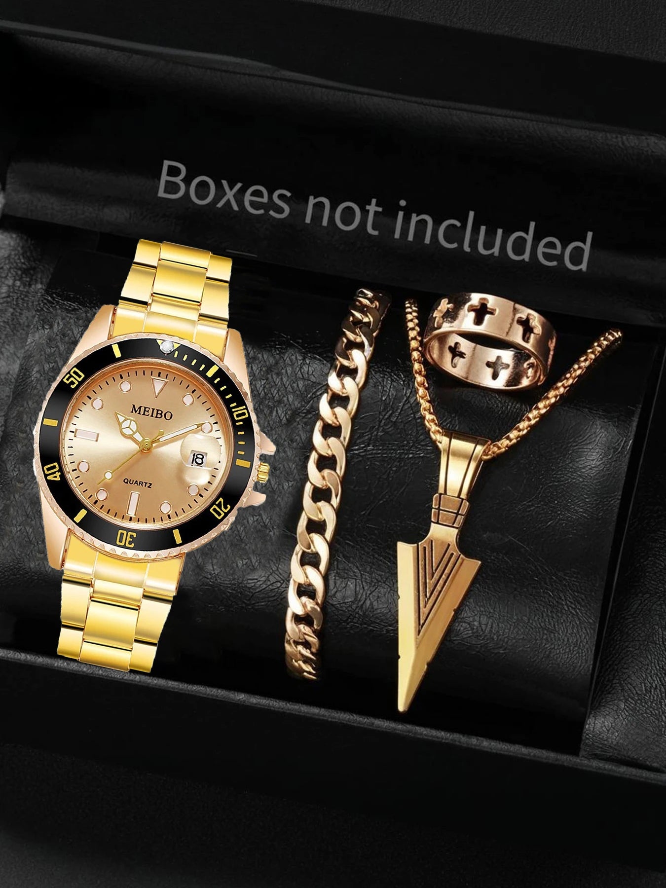 1pcs Student Watch Men's Business Quartz Watch+1pcs Bracelet 1pcs Necklace 1pcs Ring Qme Gold Gold Set