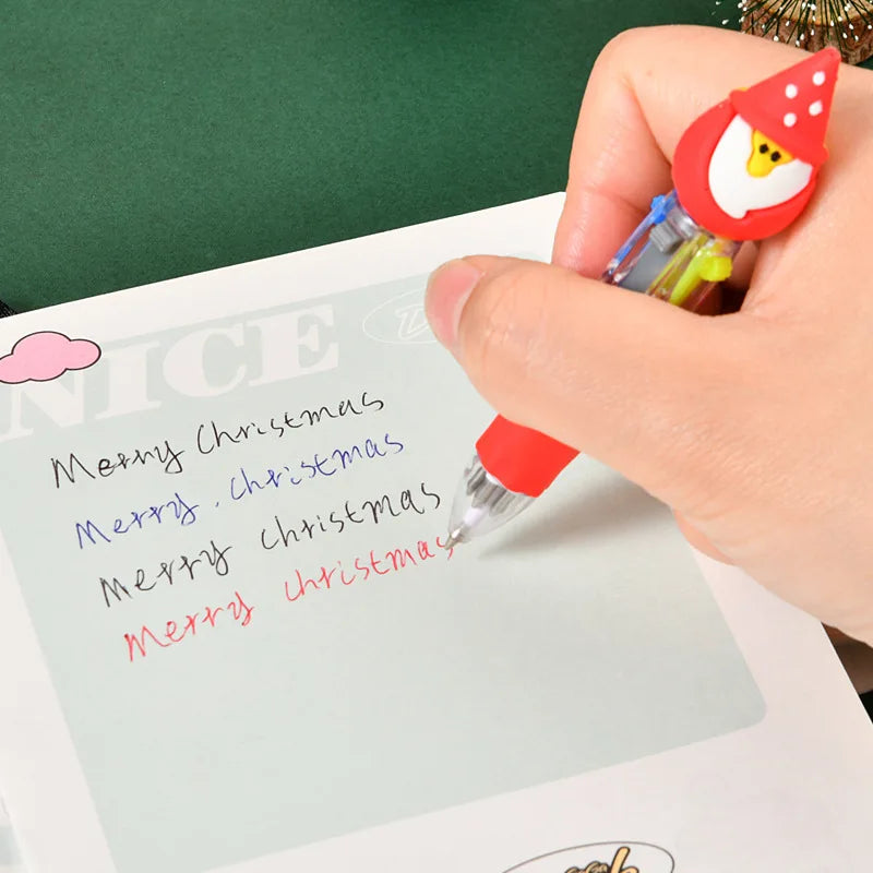Cute Cartoon Plastic Multicolor Christmas Ballpoint Pens Creativity Silicone Snowman Elk Christmas Four-color Ballpoint Pen Qme