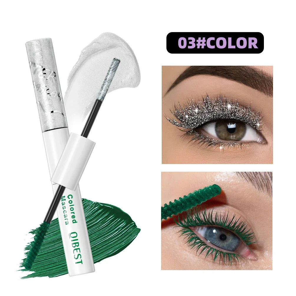 QIBEST 2 In 1 Diamond Glitter Mascara Lasting Colored Mascara Eyelashes Thickening Voluminous Double Ended Waterproof Mascara Qme 03
