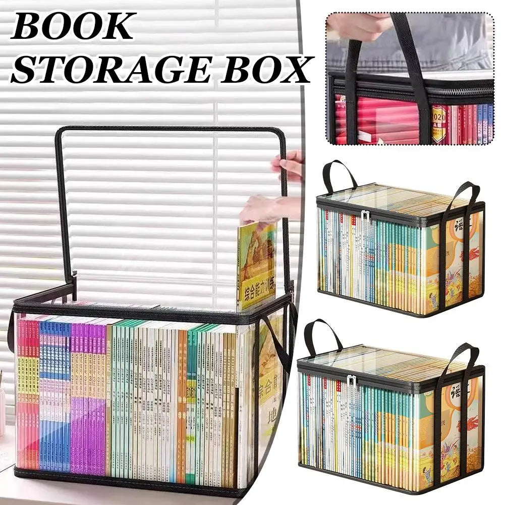 Foldable Waterproof Book Storage Box, Large Capacity Book Organizer for Students Home School Dormitory, Portable PVC Book Bag Qme