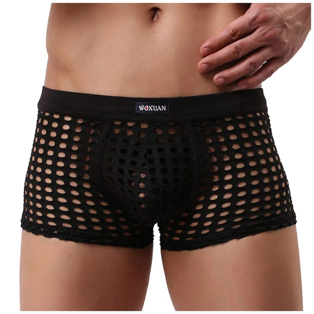 See-through Sexy Mens Mesh Hollowed Out Shorts Underwear Breathable Loose Comfortable Erotic Thongs Qme
