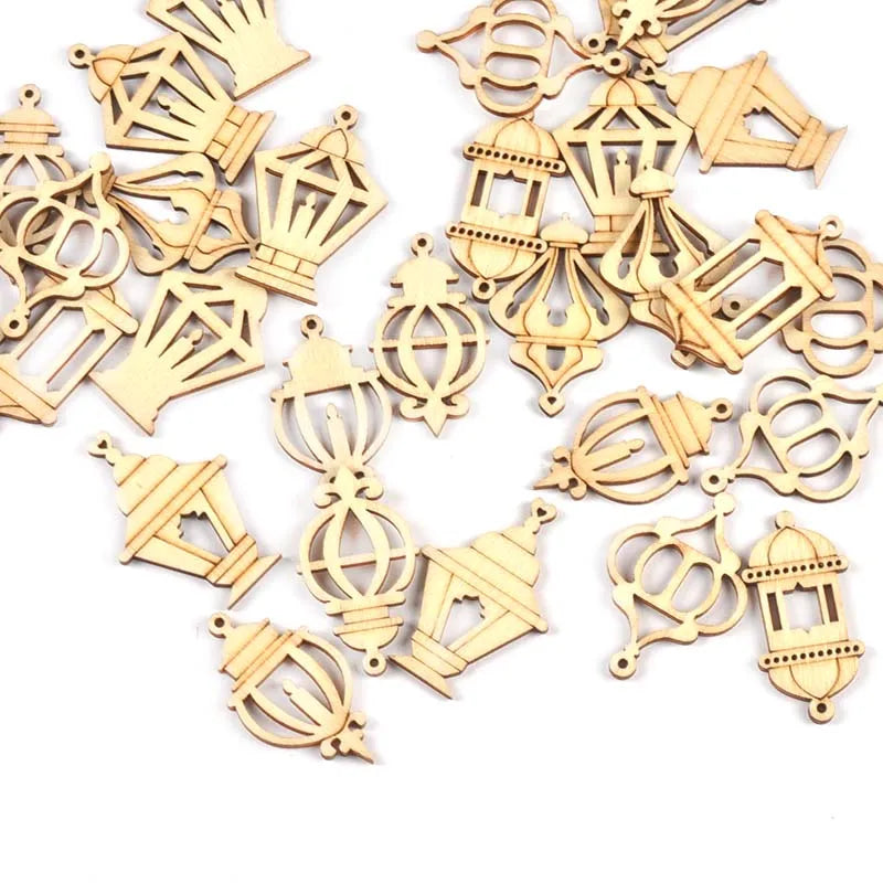 25pcs 2.5x4cm Mixed Eid Mubarak Wooden Pendants Crafts Hanging Ornaments Ramadan Wood DIY Supplies Home Muslim Islamic Party Dec Qme