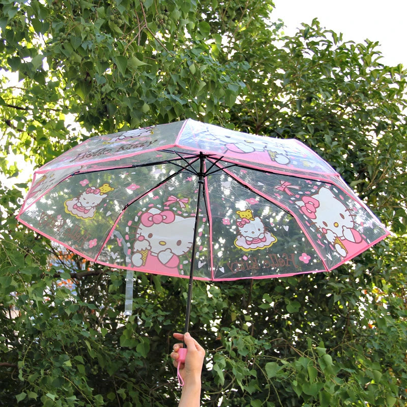 Hello Kitty Kuromi Cartoon Transparent Umbrella Fully Automatic Folding Thickened Three-Fold Student Umbrella Qme