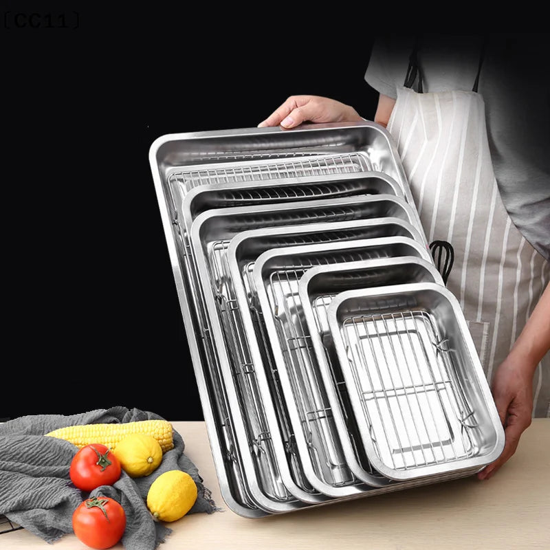Stainless Steel Baking Tray Removable Cooling Rack Non-stick BBQ Pan Qme