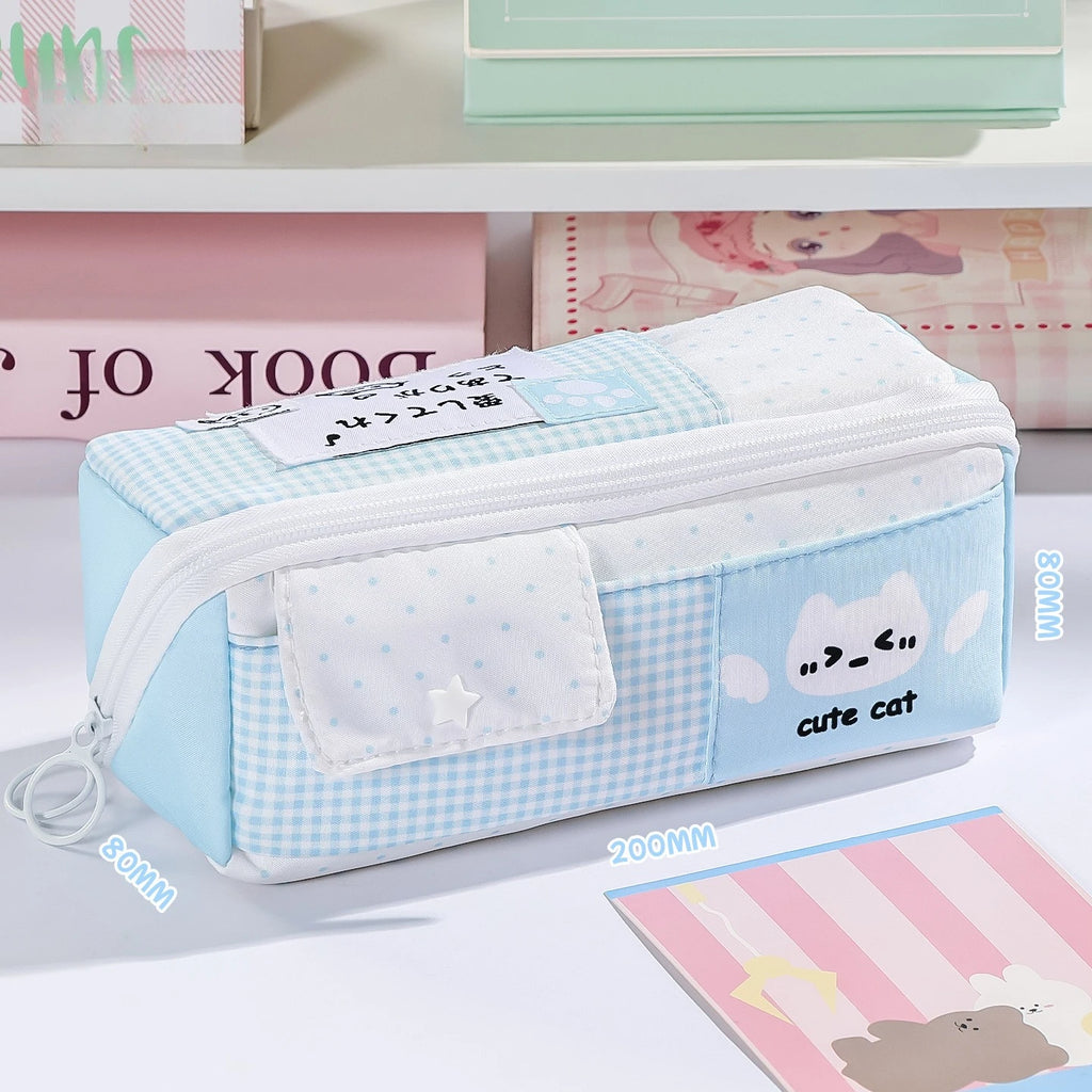 Large Capacity Cute Polka Dot Cat Pencil Case Student Pen Pouch Qme Blue