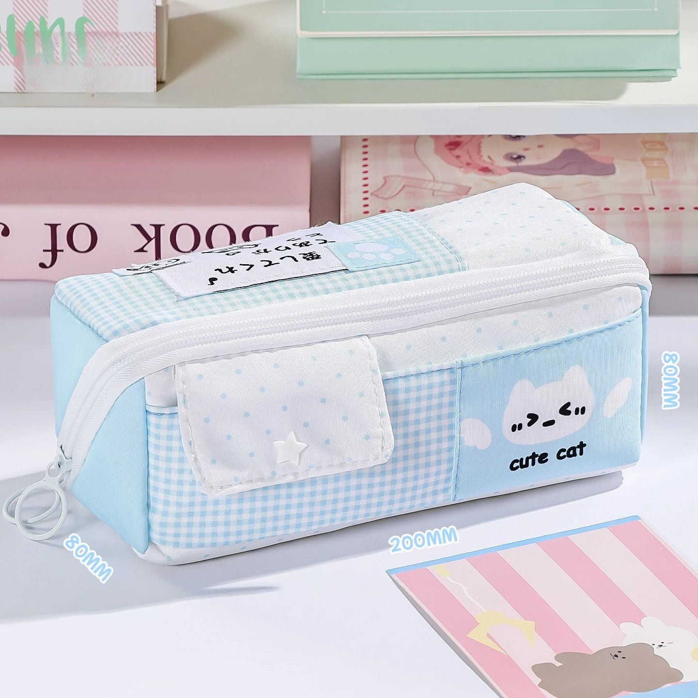 Large Capacity Cute Polka Dot Cat Pencil Case Student Pen Pouch Qme Blue