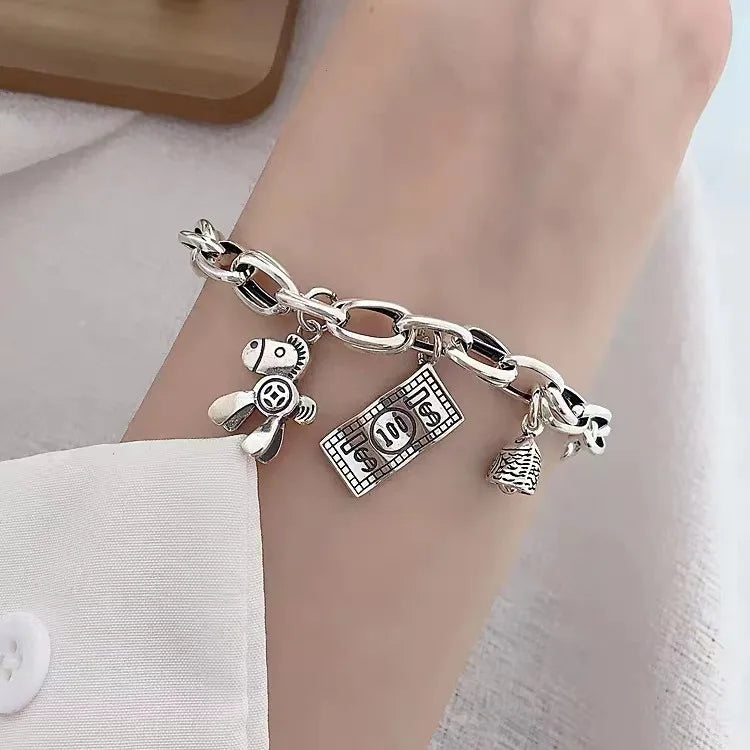 Bracelet for Women Retro Thick Chain Charm Bracelet with Horse Money Bill Fish Pendant Lucky Wealth Jewelry Birthday Gift Qme