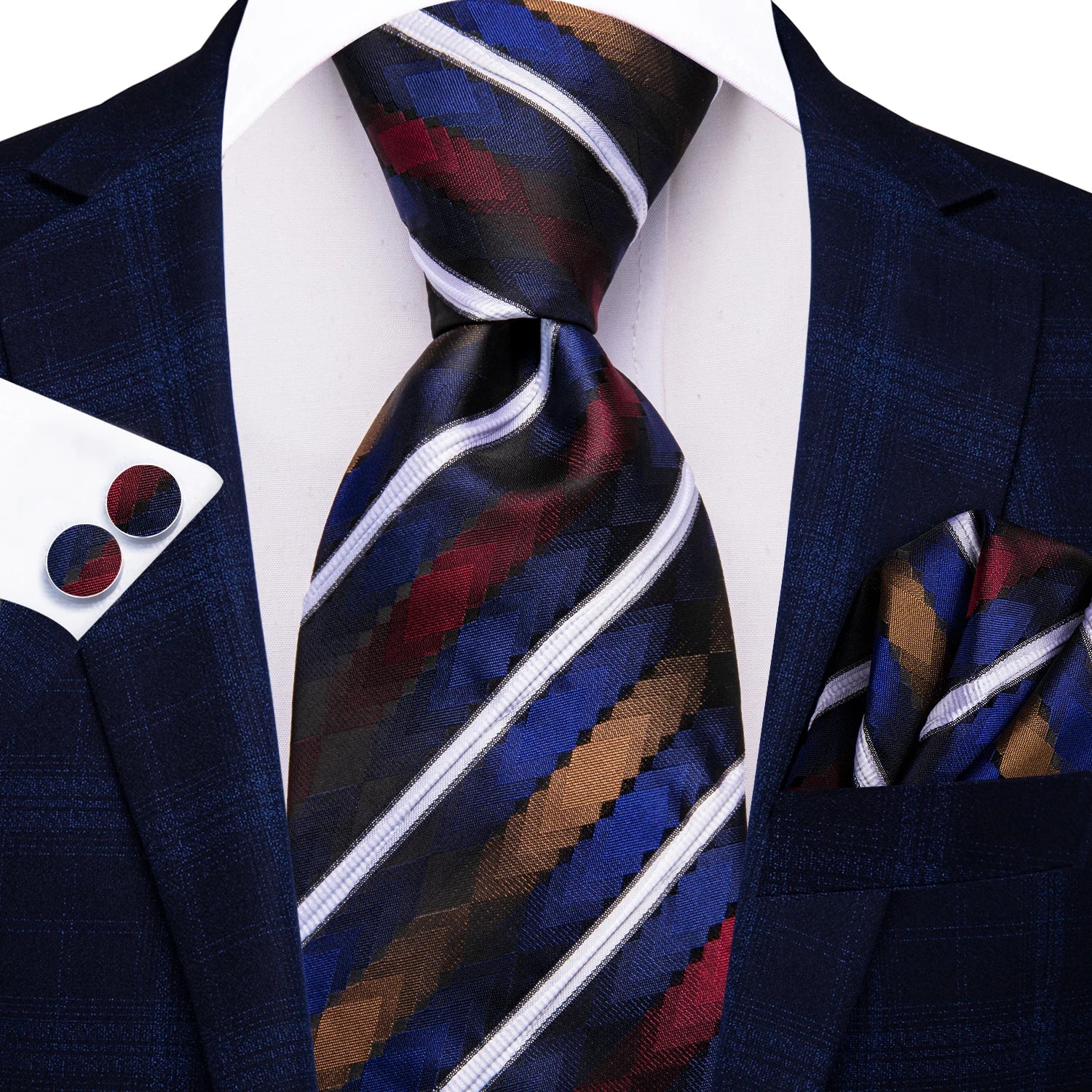 Hi-tie Red Blue Striped Business Mens Tie Jacquard Necktie Qme N-3889