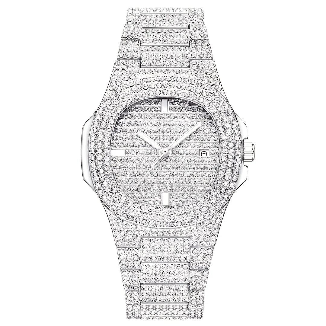 1pc Popular Hip Hop Full Artificial Diamond Avant-garde Quartz Men's Watch Trendy Brand Fashion Men's Watch Qme