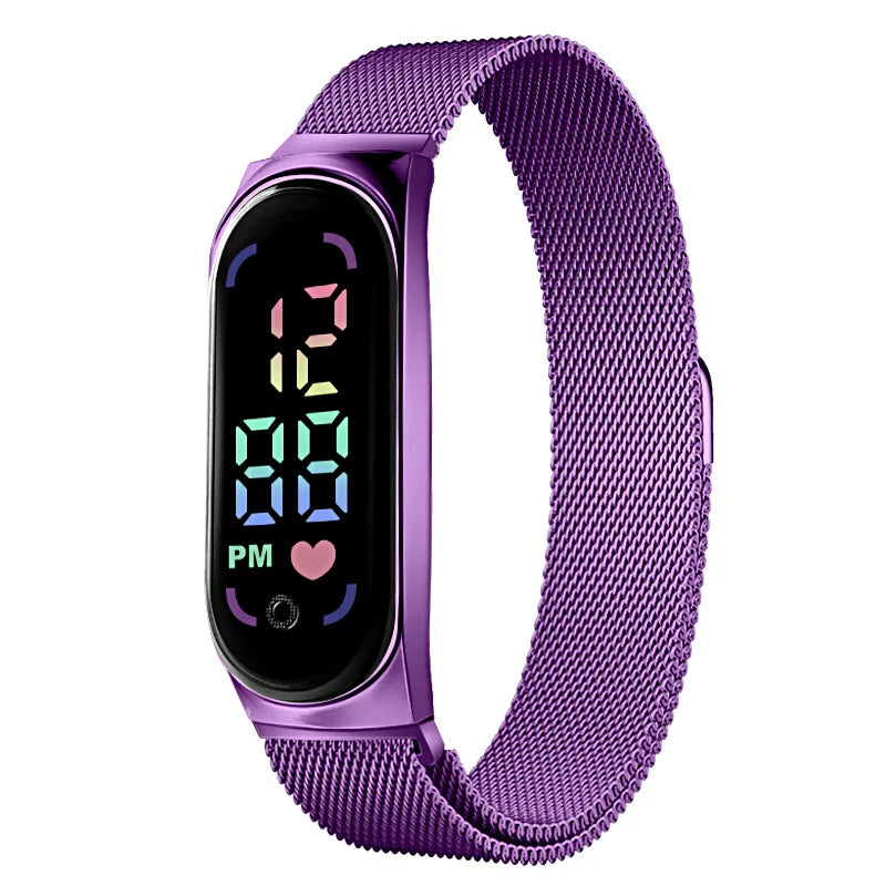 New Magnetic LED Electronic Watch, Student Sports Alloy Bracelet, Gift Children's Electronic Watch Qme PURPLE