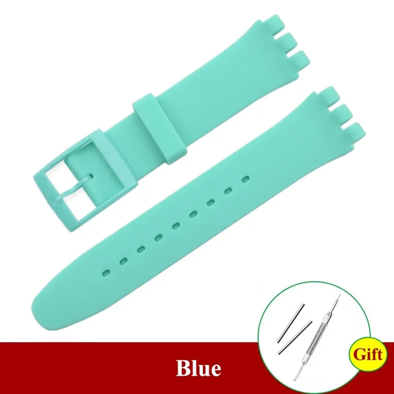 16mm 17mm 19mm 20mm Soft Silicone Bracelet Colorful Watchband for Swatch Watch Strap Replacement Watches Accessories with Tool Qme MGr 19mm