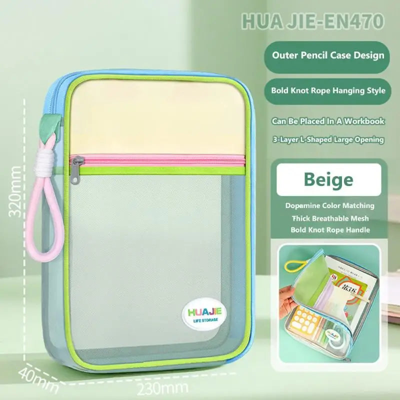 Student Handheld File Bag Dopamine Tote L-shaped Zipper Mesh Folder Qme A4