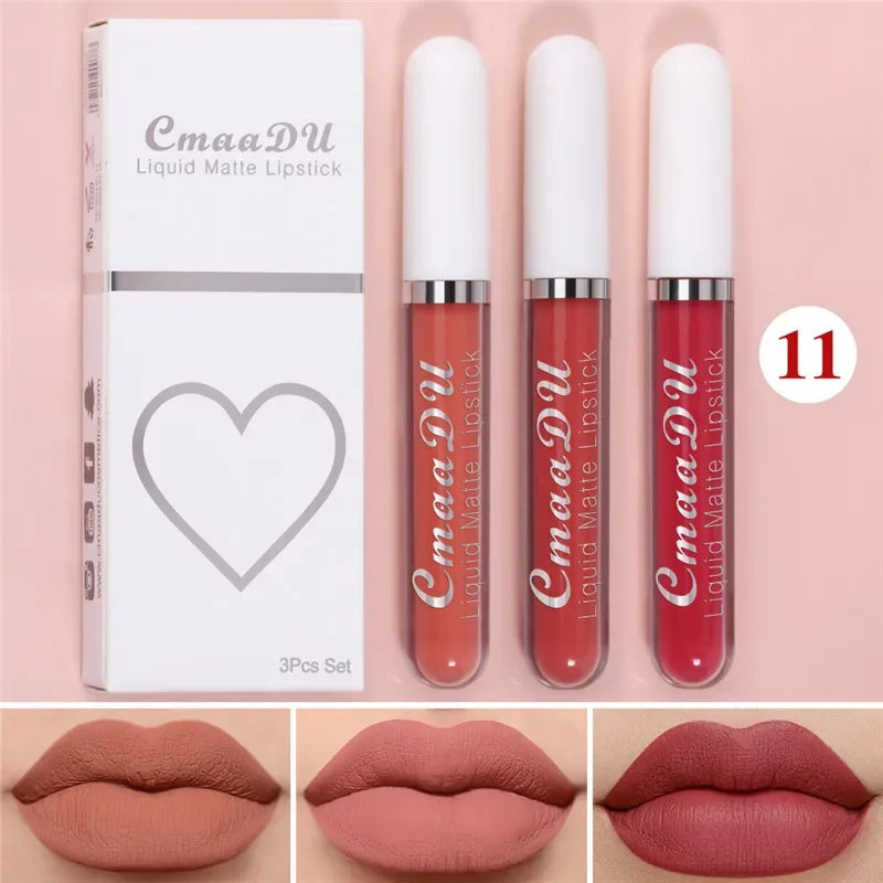 6 Colors/Set Fashion Matte Lip Gloss Sets Natural Moisturize Waterproof Lasting Velvet Sexy Red Liquid Lipstick Beauty Cosmetic Qme 11-3Pcs