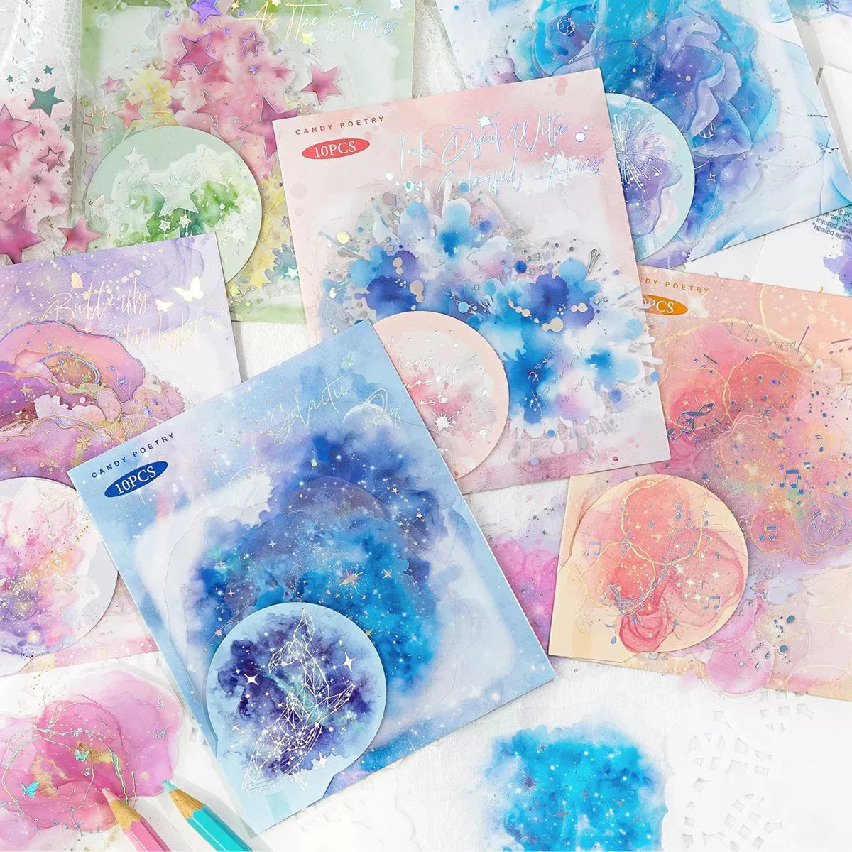 10 Pcs Colorful Series Decorative Sticker Watercolor Foil Stamping Collage Scrapbooking Label Diy Diary Journal Planner Qme